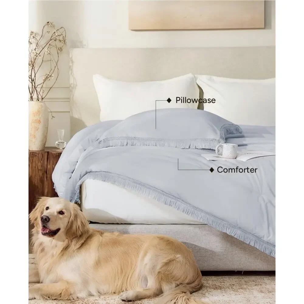 Andency Light Grey Comforter Set Queen, 3 Pieces Boho Tassel Light Gray